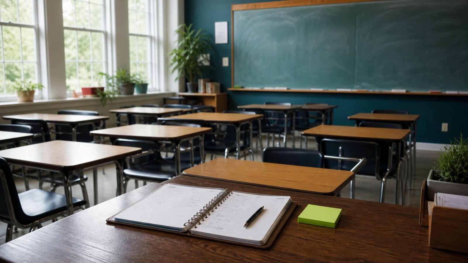 Morning classroom with planner and chalk-lime notes on a teacher desk